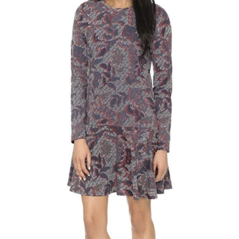 Tory Burch Dahlia Dress Size M Long Sleeve Navy Floral Drop Waist Pima Cotton